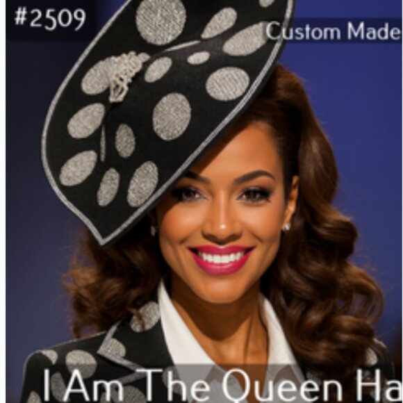2509 I Am The Queen Black & Silver Church Hat – Custom Made Polka Dot Designer H - Picture 1 of 4